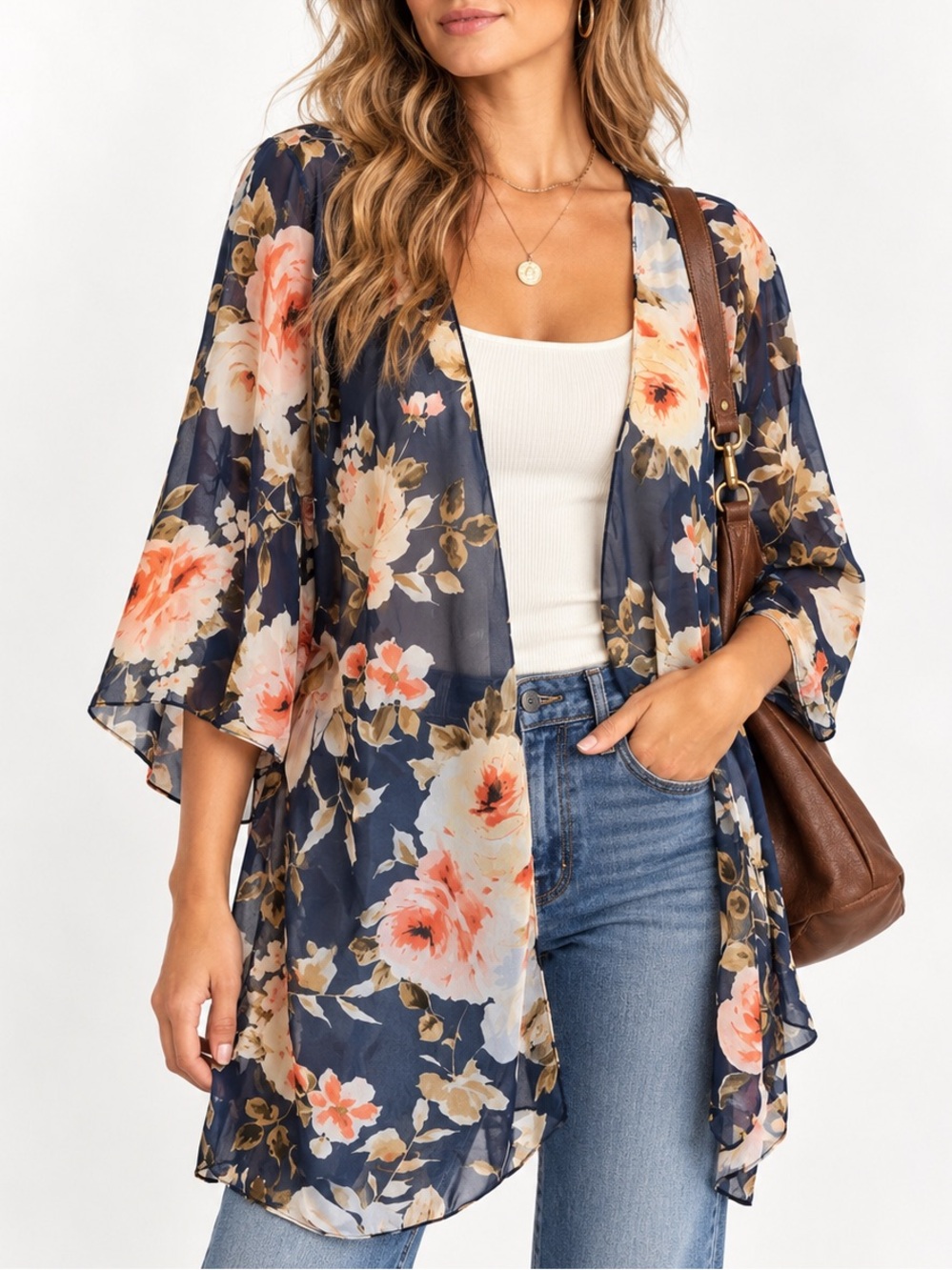Emory Park Navy Floral Sheer Kimono Cardigan Boho Layering Top Medium